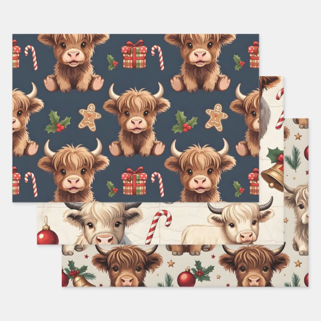 Highland Cow Festive Santa Christmas Wrapping Paper Sheet (Set)