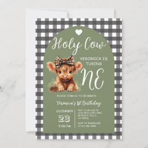 Highland Cow First Birthday Girl Gingham Party Invitation