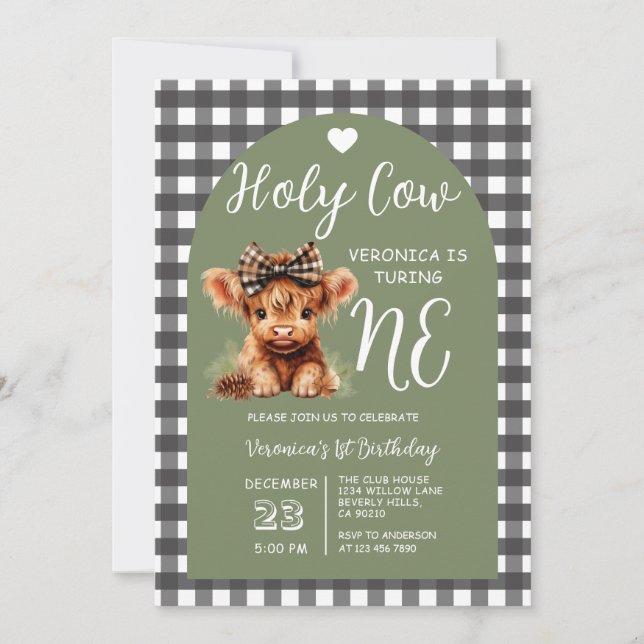 Highland Cow First Birthday Girl Gingham Party Invitation (Front)