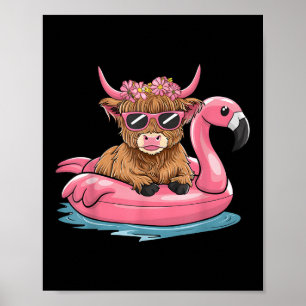 Highland Cow Flamingo Floatie Christmas In July Su Poster