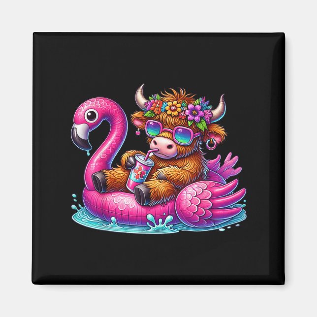 Highland Cow Flamingo ol Float Summer Hawaii Beach Magnet (Front)