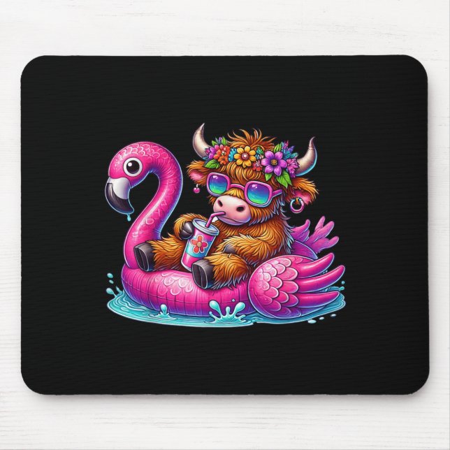 Highland Cow Flamingo ol Float Summer Hawaii Beach Mouse Pad (Front)