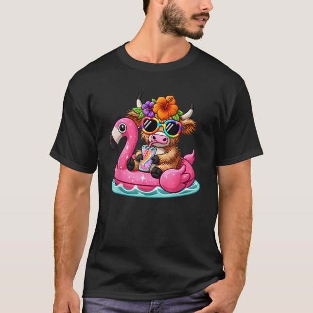 Highland Cow Flamingo Pool Float Summer Hawaii Bea T-Shirt (Front)