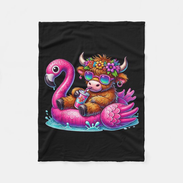 Highland Cow Flamingo Pool Float Summer Hawaii Fleece Blanket (Front)