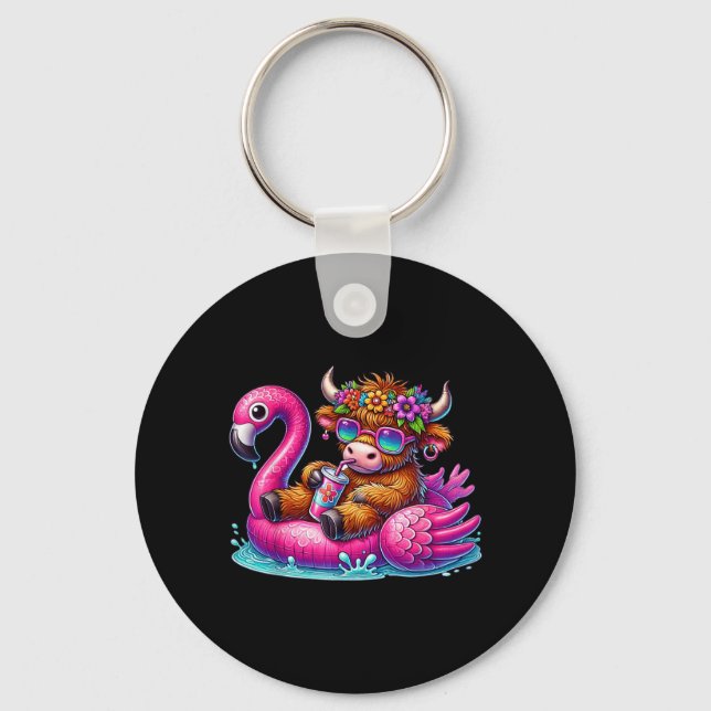 Highland Cow Flamingo Pool Float Summer Hawaii Key Ring (Front)