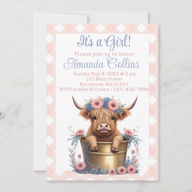 Highland cow floral baby shower invitation (Front)