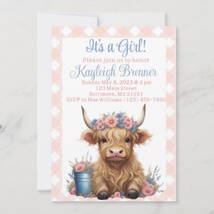 Highland cow floral baby shower invitation
