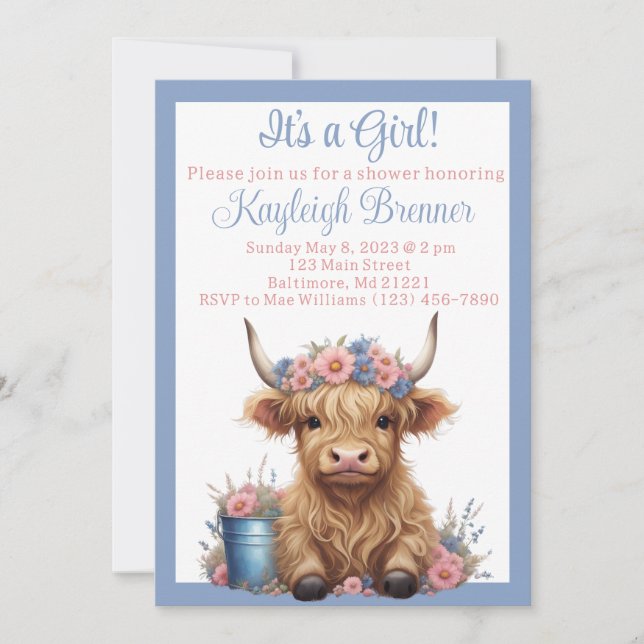 Highland cow floral baby shower invitation (Front)
