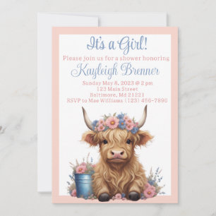 Highland cow floral baby shower invitation