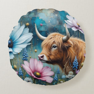 Highland Cow Floral Colorful Cosmos Tapestry II Round Cushion