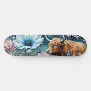 Highland Cow Floral Colorful Cosmos Tapestry II Skateboard