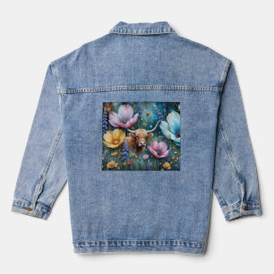 Highland Cow Floral Colourful Cosmos Denim Jacket
