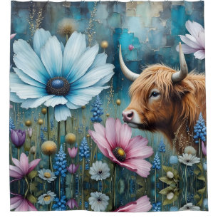 Highland Cow Floral Colourful Cosmos Portrait Shower Curtain