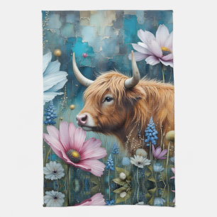 Highland Cow Floral Colourful Cosmos Portrait Tea Towel