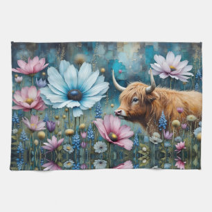 Highland Cow Floral Colourful Cosmos Portrait Tea Towel
