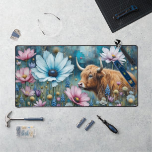 Highland Cow Floral Colourful Cosmos Tapestry II Desk Mat