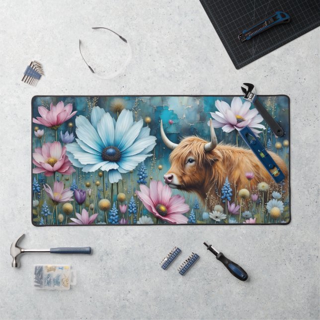 Highland Cow Floral Colourful Cosmos Tapestry II Desk Mat (Workstation)