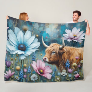 Highland Cow Floral Colourful Cosmos Tapestry II Fleece Blanket