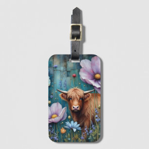Highland Cow Floral Colourful Cosmos Tapestry II Luggage Tag