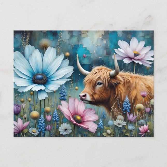 Highland Cow Floral Colourful Cosmos Tapestry II Postcard (Front)