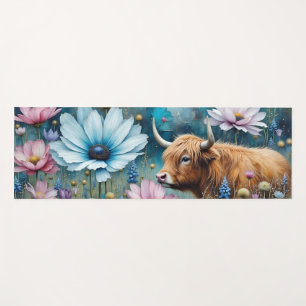 Highland Cow Floral Colourful Cosmos Tapestry II Yoga Mat
