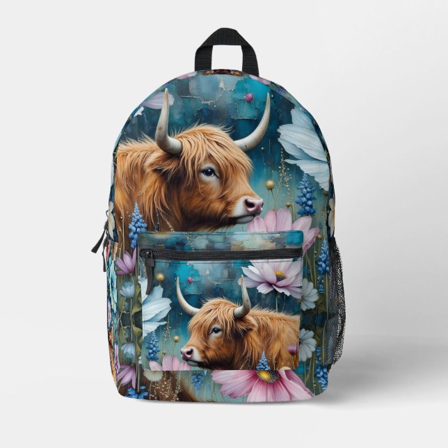 Highland Cow Floral Colourful Cosmos Tapestry Printed Backpack (Front)