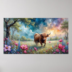 Highland Cow Floral Colourful tree and sky Poster