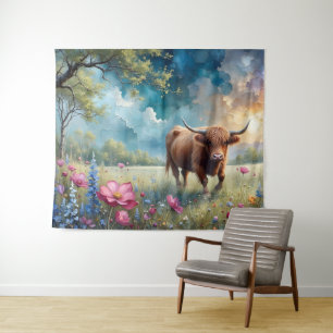 Highland Cow Floral Colourful tree and sky Tapestry