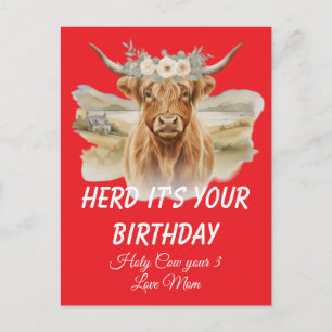 Highland Cow Floral Crown Birthday Greeting Postcard