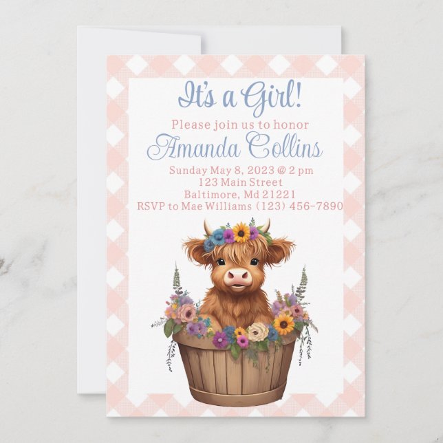 Highland cow floral rustic baby shower invitation (Front)