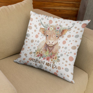 Highland Cow Floral Watercolor Natural Colour  Cushion
