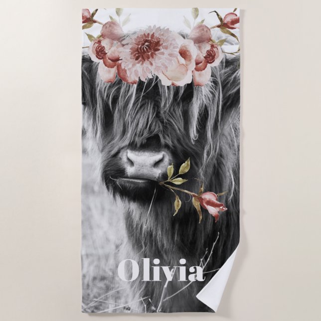Highland Cow Floral | Western Cowgirl Kids Name Beach Towel (Front)