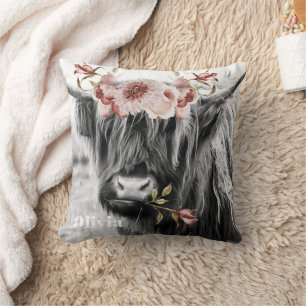 Highland Cow Floral   Western Cowgirl Kids Name Cushion