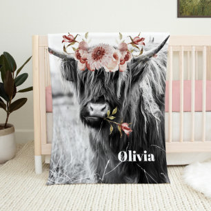 Highland Cow Floral   Western Cowgirl Kids Name Fleece Blanket