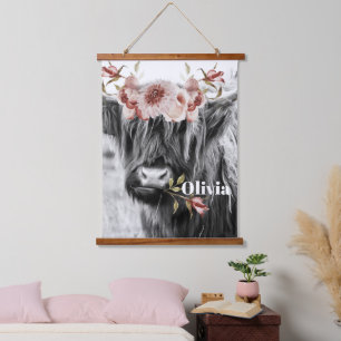 Highland Cow Floral   Western Cowgirl Kids Name Ha Hanging Tapestry