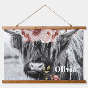 Highland Cow Floral Western Cowgirl Kids Name Hanging Tapestry