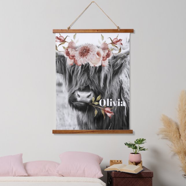 Highland Cow Floral | Western Cowgirl Kids Name Hanging Tapestry (Bedroom)