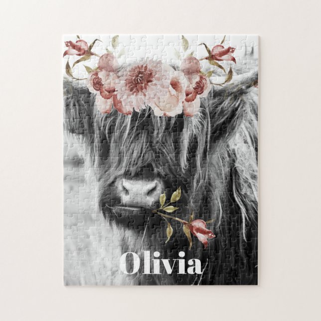 Highland Cow Floral | Western Cowgirl Kids Name Jigsaw Puzzle (Vertical)