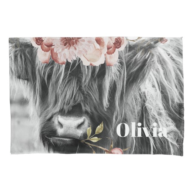 Highland Cow Floral | Western Cowgirl Kids Name Pillowcase (Front)