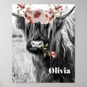 Highland Cow Floral   Western Cowgirl Kids Name Poster