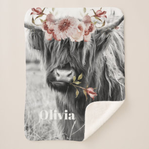 Highland Cow Floral   Western Cowgirl Kids Name Sherpa Blanket