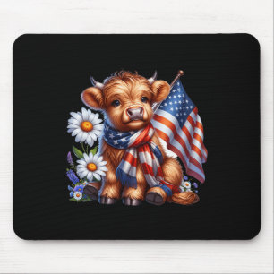 Highland Cow Florals 4th Of July Usa Flag Patrioti Mouse Pad