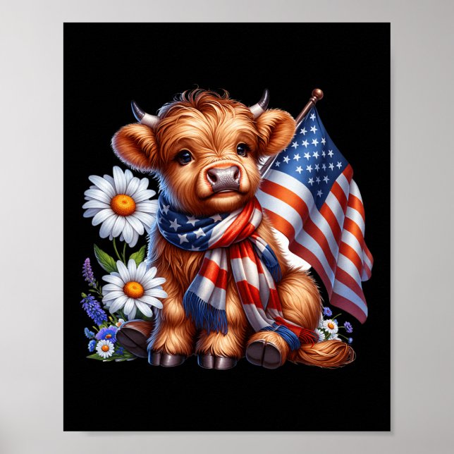 Highland Cow Florals 4th Of July Usa Flag Patrioti Poster (Front)