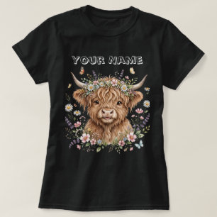 Highland Cow Flower Crown Watercolor Design T-Shirt