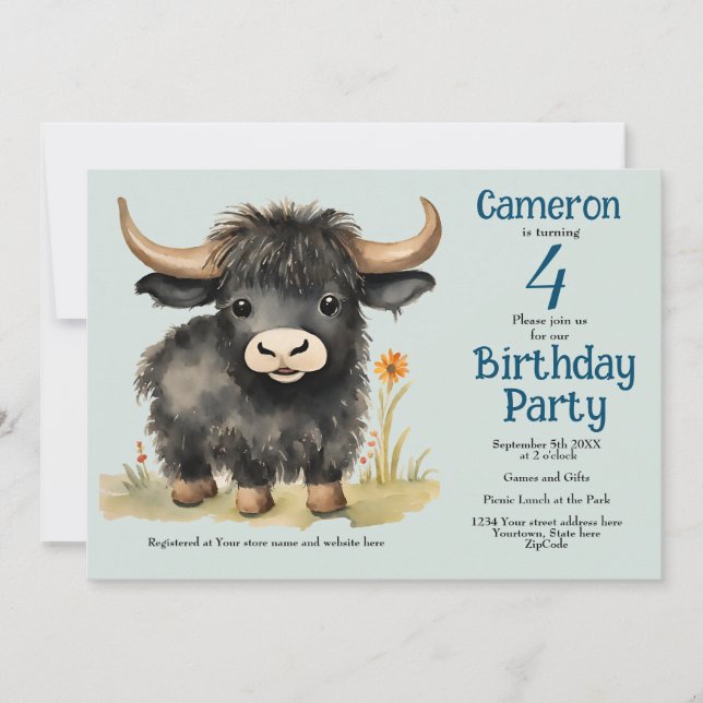 Highland Cow Gender Neutral Birthday Party  Invitation (Front)