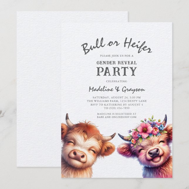 Highland Cow Gender Reveal Invitation (Front/Back)