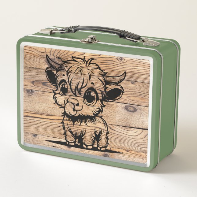 Highland Cow Green/Faux Woodgrain Metal Lunch Box (Front)