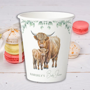 Highland Cow Greenery Boho Farm Animal Baby Shower Paper Cups