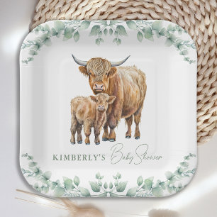 Highland Cow Greenery Boho Farm Animal Baby Shower Paper Plate
