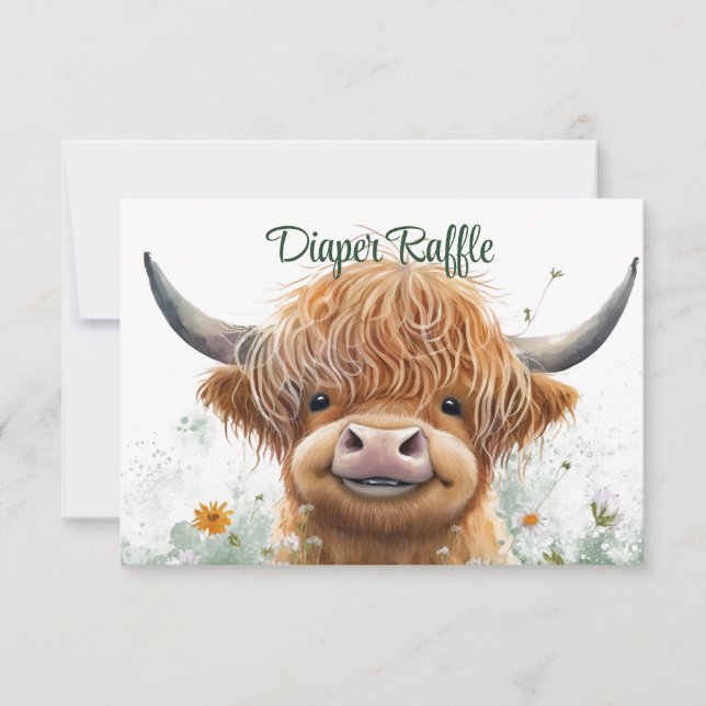 Highland cow greenery diaper raffle  RSVP card (Front)
